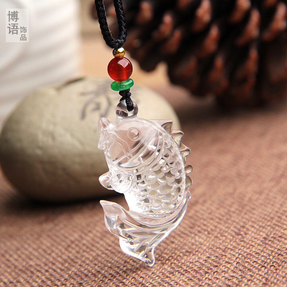 年年有余5A超透天然白水晶鱼项链挂件男女款白水晶锦鲤吊坠鱼挂坠