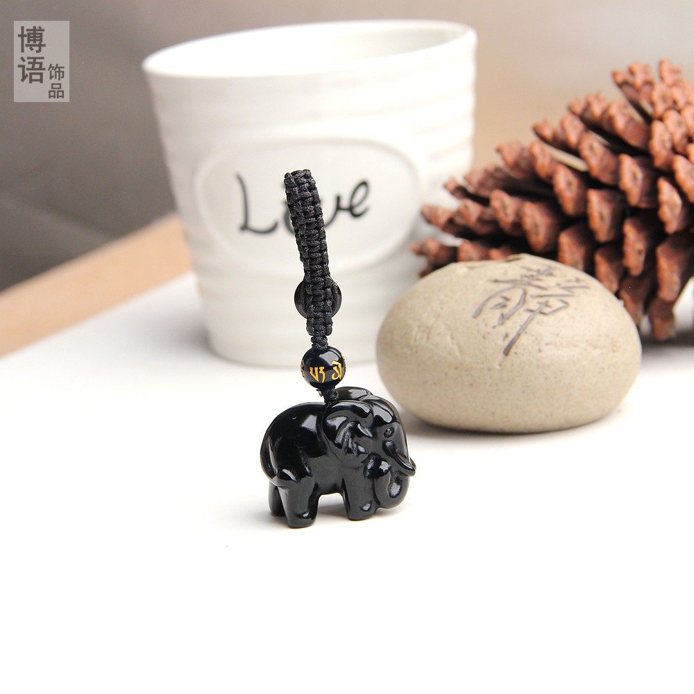 精雕天然黑曜石大象钥匙扣挂件挂坠男女款黑曜石水晶大象吊坠挂件