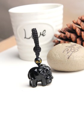 博语天然黑曜石大象钥匙扣挂件