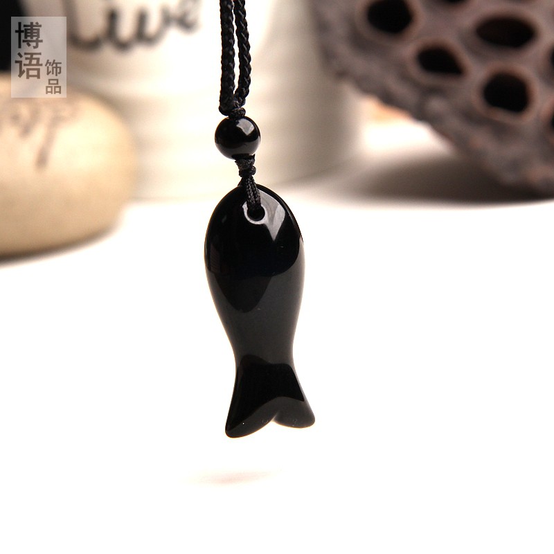 复古小鱼干吊坠天然黑曜石小鱼项链百搭设计年年有余坠精雕鱼符坠