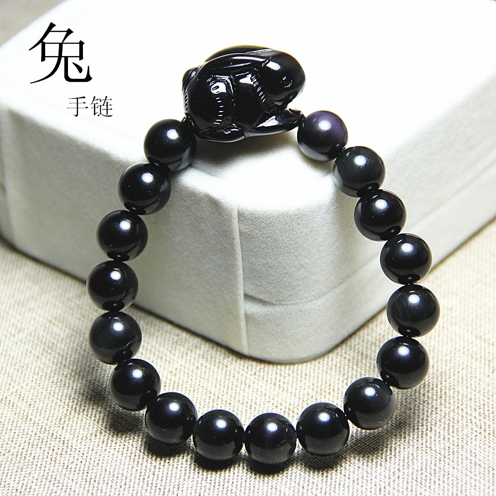 天然黑曜石十二生肖兔子手链黑水晶兔手链手串男女圆珠子兔手链饰