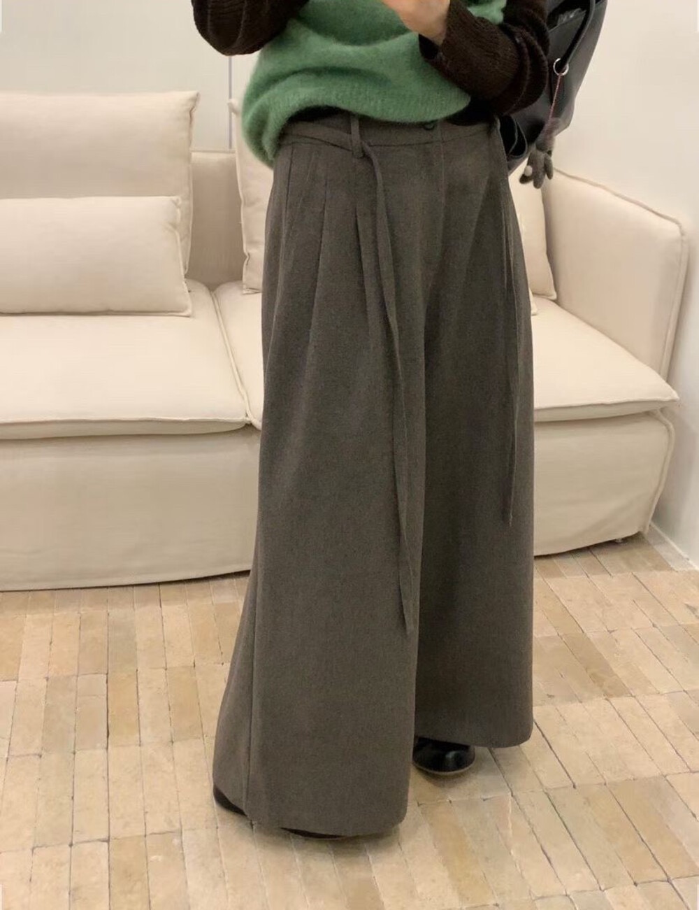 limoen里墨恩绑带50羊毛呢阔腿裤女加绒松紧腰九分直筒裤9631-1