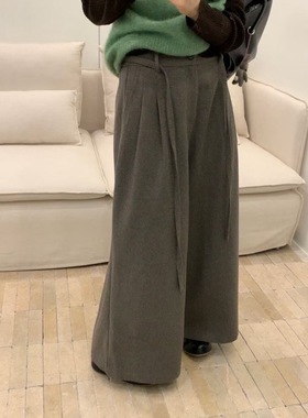 limoen里墨恩绑带50羊毛呢阔腿裤女加绒松紧腰九分直筒裤9631-1