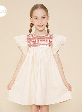 女童纯棉连衣裙国风绣花飞飞袖韩版纯棉中大儿童裙子2025夏装新款