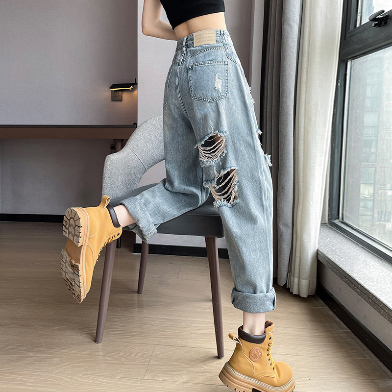 高腰破洞哈伦牛仔裤女春秋夏季2026新款浅色显瘦宽松直筒老爹裤子