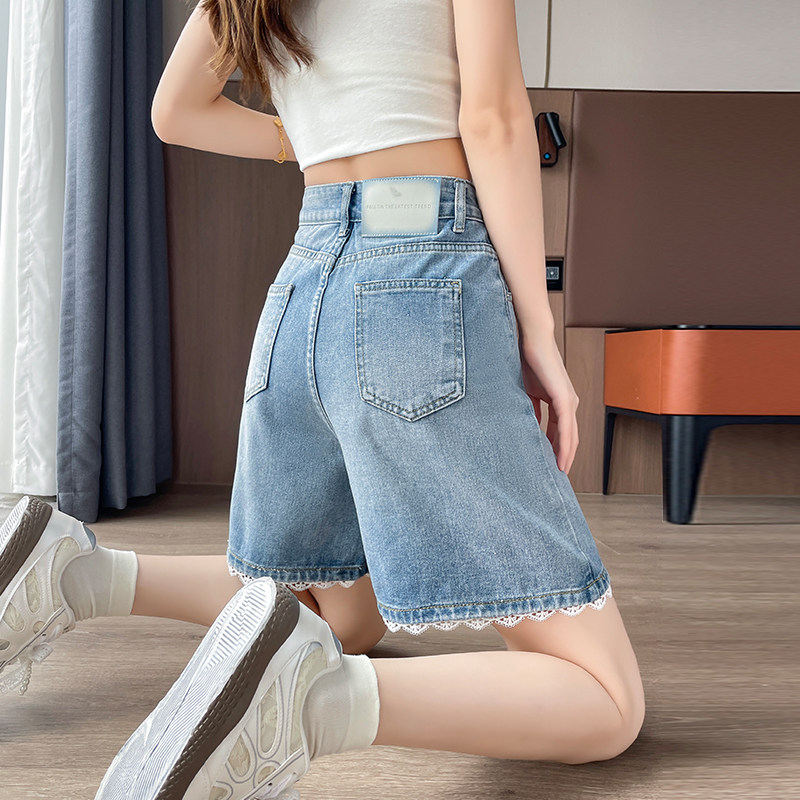 蕾丝直筒五分牛仔短裤女春秋夏季2026浅蓝色高腰显瘦宽松阔腿中裤