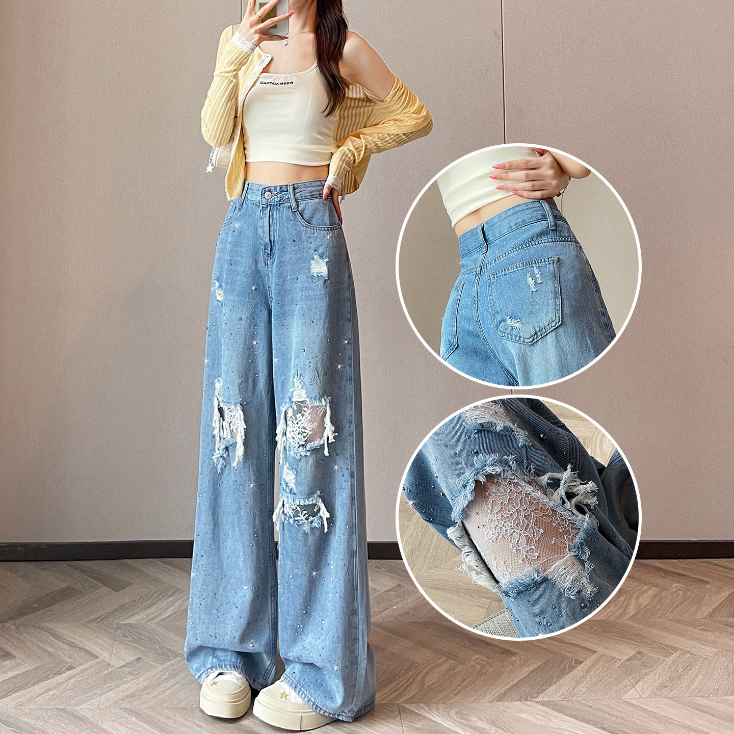 蕾丝烫钻破洞牛仔裤女春秋夏季2026新款高腰宽松显瘦阔腿直筒裤子