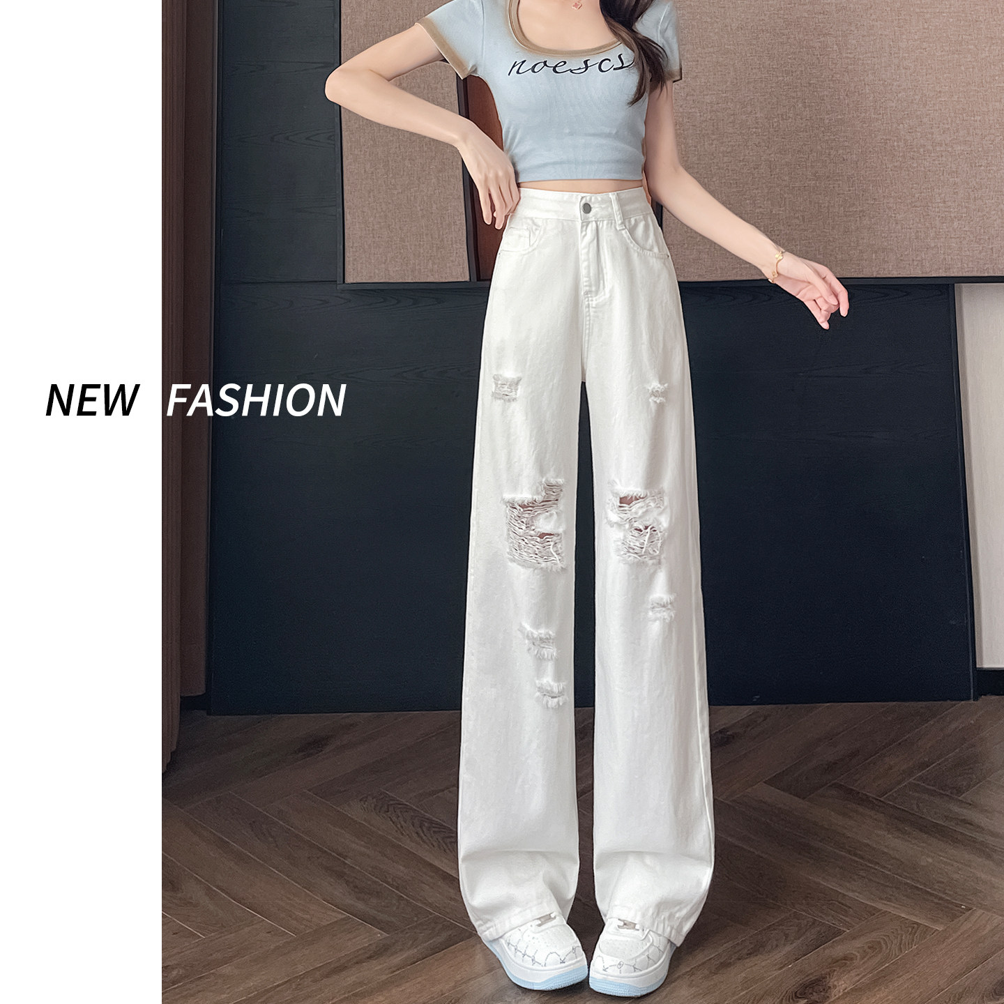 白色破洞阔腿牛仔裤女春秋夏季2026新款休闲高腰宽松乞丐直筒裤子