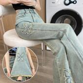 显瘦毛边喇叭长裤 高腰刺绣微喇牛仔裤 秋冬修身 2026新款 子 女春夏季