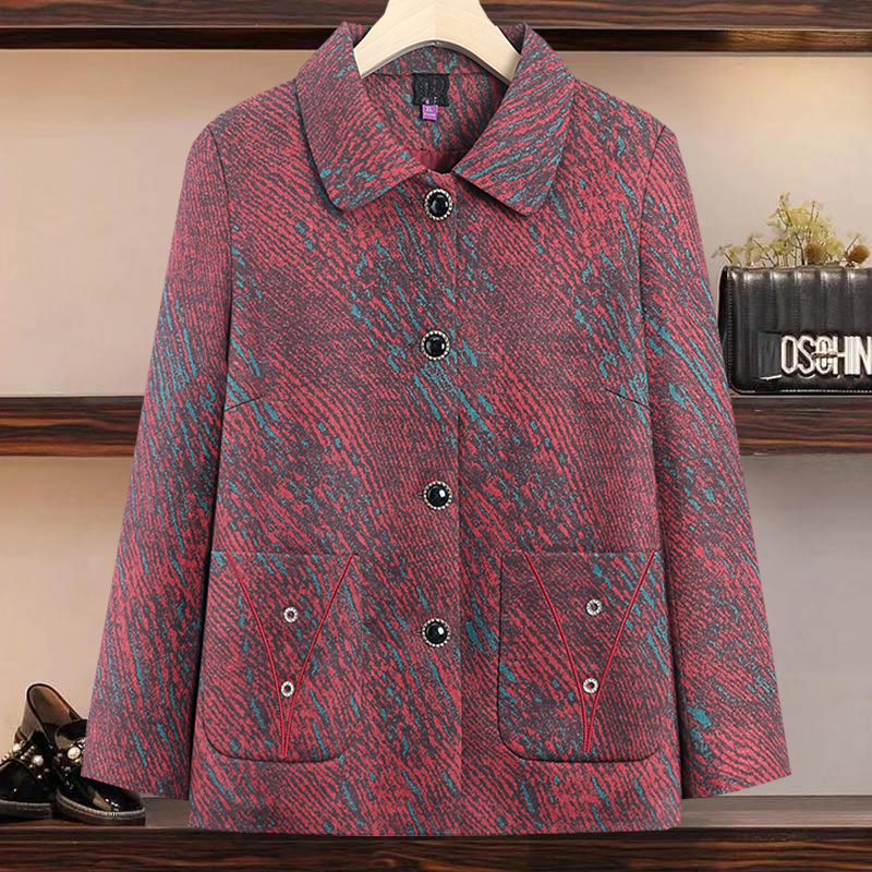 秋装大码女装印花宽松显瘦毛呢外套冬季加绒加厚保暖妈妈棉衣奶奶