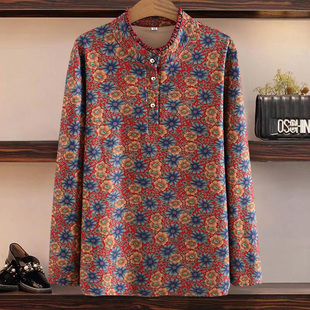 印花立领长袖 春秋装 民族风遮肚子上衣中老年妈妈减龄T恤衫 打底衫