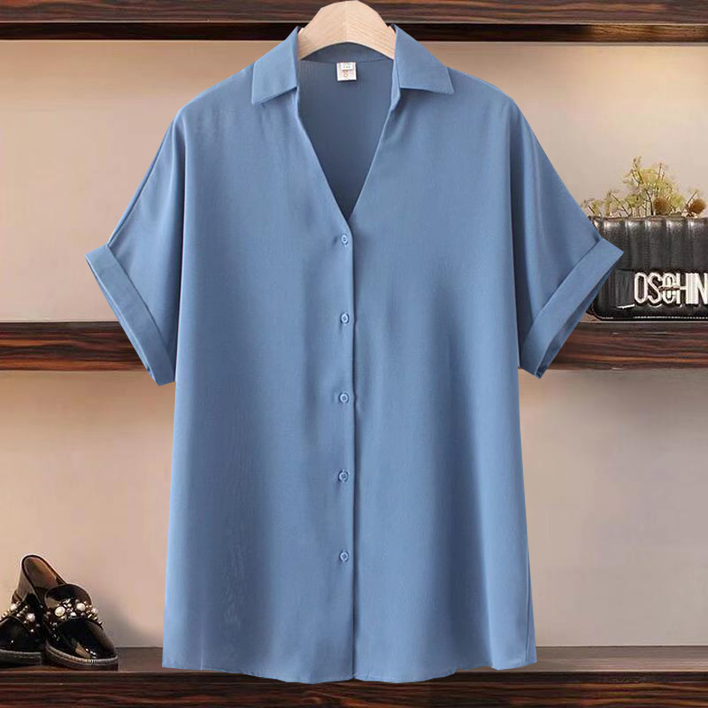 加肥大码女装翻领短袖雪纺衫中年妈妈V领宽松遮肚子时尚衬衫夏季