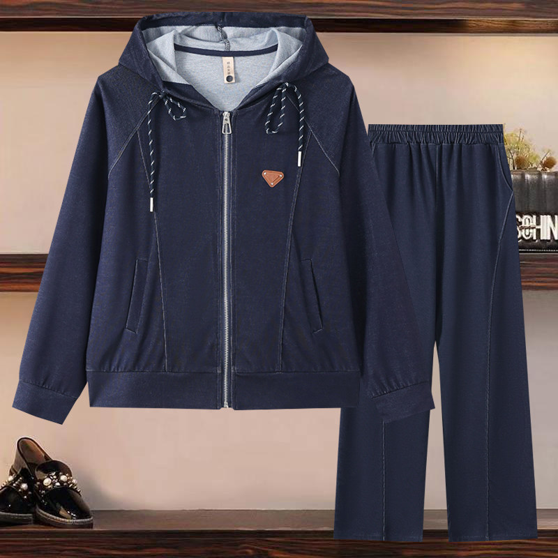 春季妈妈套装大码宽松连帽开衫卫衣休闲裤子两件套中老年春秋装女