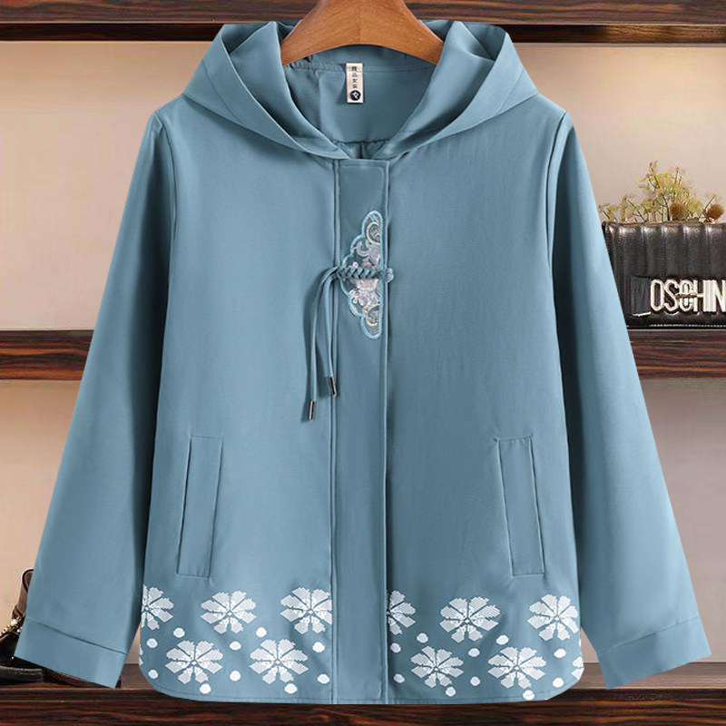 妈妈春装风衣时尚连帽印花上衣春秋季中老年夹克衫休闲宽松薄外套