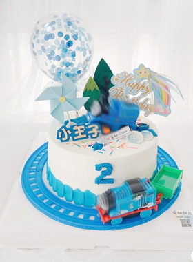 小火车蛋糕装饰玩具8寸轨道套装蓝色小火车生日装扮摆件