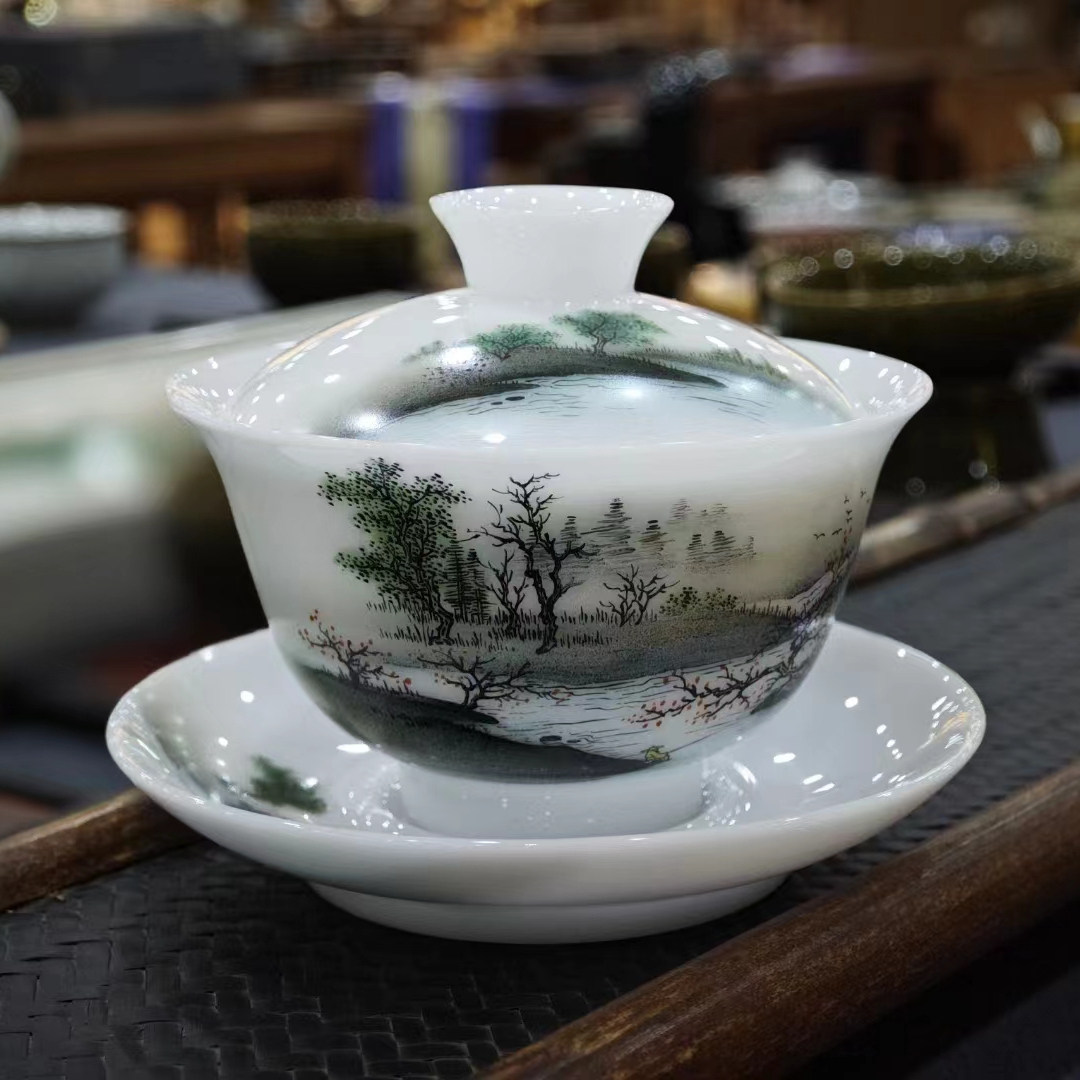 纯手绘冰种玉瓷盖碗茶杯茶碗不烫手三才盖碗150ml