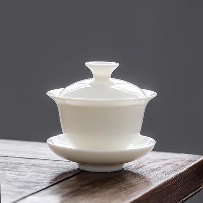 羊脂玉白瓷大号盖碗茶杯