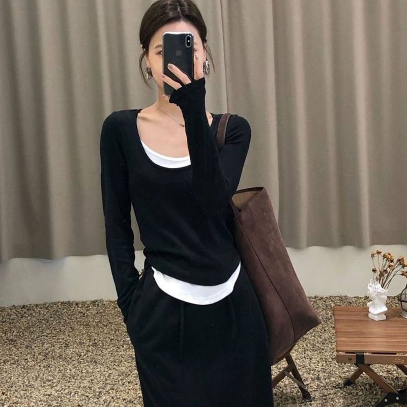 2025女秋撞色假两件长袖圆领T恤气质百搭可外穿打底衫代发轻熟风