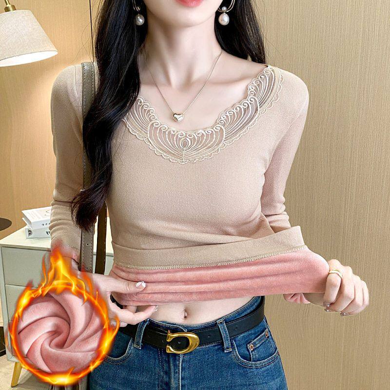 保暖上衣女秋冬季加绒加厚蕾丝V领秋衣内搭紧身打底衫外穿上衣