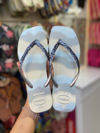 New Style Brazilian Havaianas Flip-Flops with Square Toe and Shiny Sequins for Women, Flat Beach Sandals