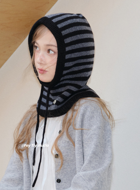 feytiy 100%澳洲羊毛 复古时髦针织拉法帽秋冬保暖条纹护耳帽男女