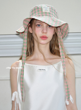 feytiy 复古时髦格子大檐渔夫帽新款防晒显脸小春夏盆帽百搭韩国