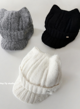 feytiy 甜酷猫耳秋冬保暖针织短檐棒球帽毛线鸭舌耳朵帽女显脸小