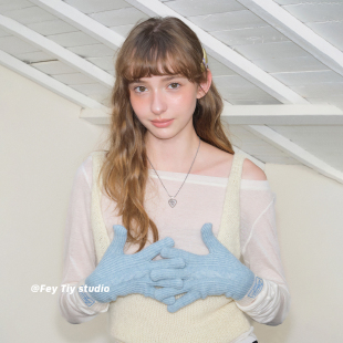 可触屏保暖防寒护手五指 秋冬季 feytiy 海盐蓝撞色麻花针织手套女