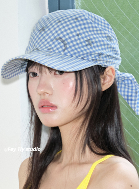 feytiy 蓝色小格纹 个性头巾帽 时髦百搭鸭舌帽显脸小遮阳棒球帽