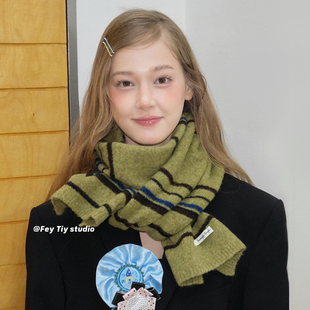 加厚保暖围巾条纹百搭针织仿羊绒围脖男女 清晨松林绿 feytiy 冬季