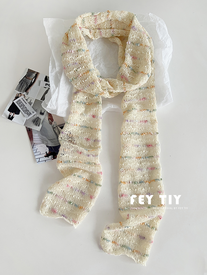 原创彩虹豆豆镂空针织围巾长条薄