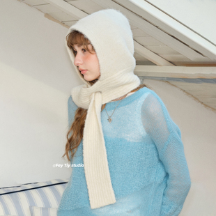 feytiy 软糯拉法帽交叉连帽小围巾一体秋冬保暖百搭套头帽 含羊毛