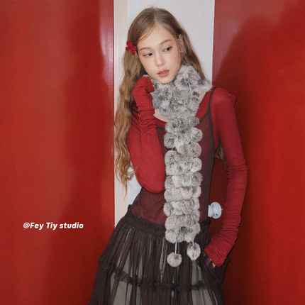 feytiy 古早感y2k兔毛围巾~ 25冬季新款软糯保暖球球皮草围脖百搭