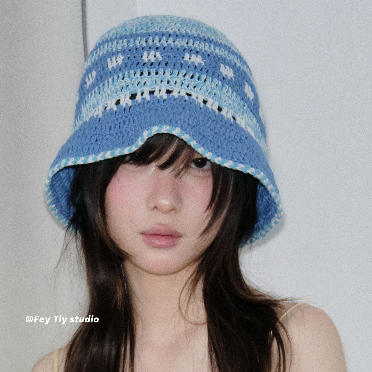 feytiy 蓝色条纹 手工纯棉渔夫帽女春夏季新款百搭遮阳显脸小盆帽