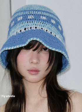 feytiy 蓝色条纹 手工纯棉渔夫帽女春夏季新款百搭遮阳显脸小盆帽