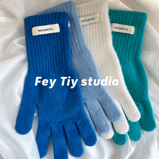 骑行分指护手女 100%羊毛加厚保暖百搭纯色手套冬季 feytiy 冰岛蓝