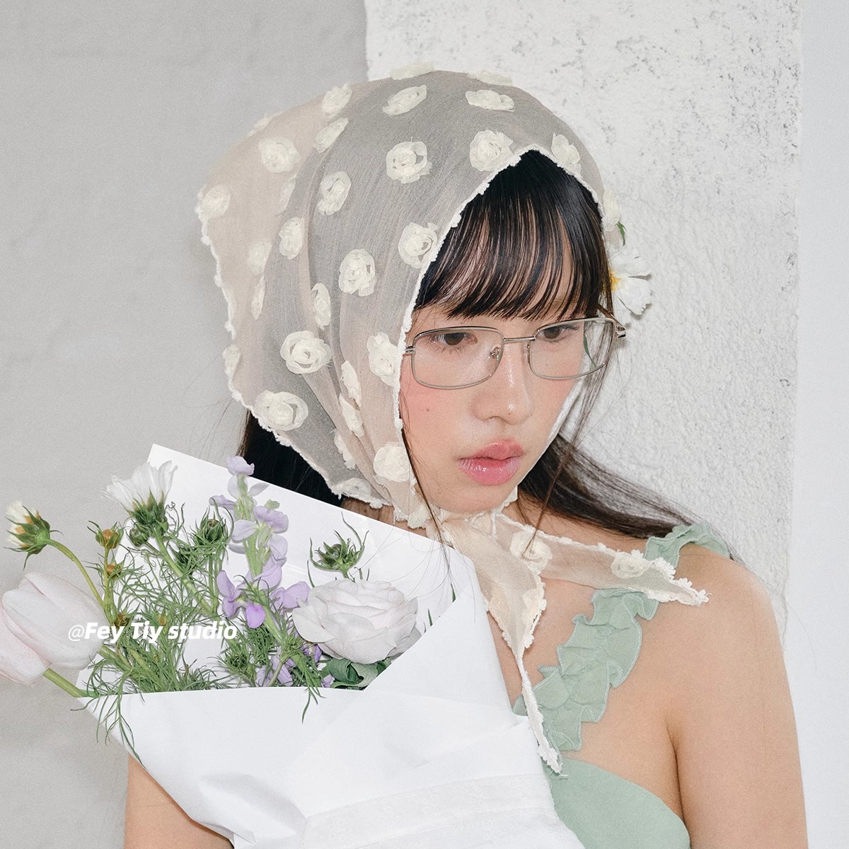 feytiy 定制立体玫瑰花头巾三角巾 法式复古清新丝巾春夏百搭领巾