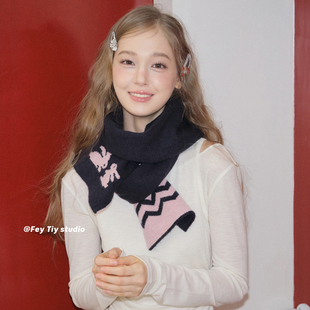 双面可爱秋冬加厚保暖针织围巾围脖女 软糯亲肤 feytiy 两只小兔