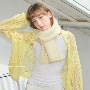 feytiy 新色！淡奶油黄 100%羊毛软糯纯色温柔保暖秋冬针织围巾女
