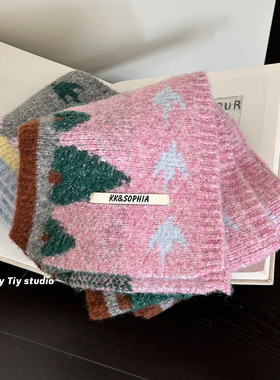 feytiy 南飞的鸟 刺绣拼色针织围巾女冬季新款保暖软糯围脖百搭