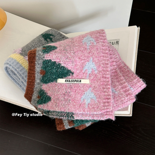 feytiy 南飞的鸟 刺绣拼色针织围巾女冬季新款保暖软糯围脖百搭