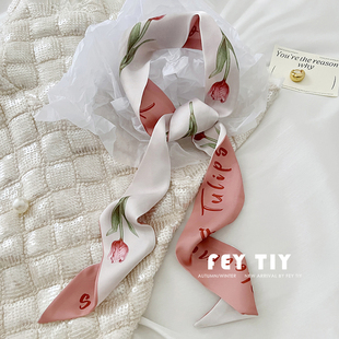 法式 飘带发带春夏季 韩版 ins粉色领巾 原创手绘郁金香小丝巾女长款