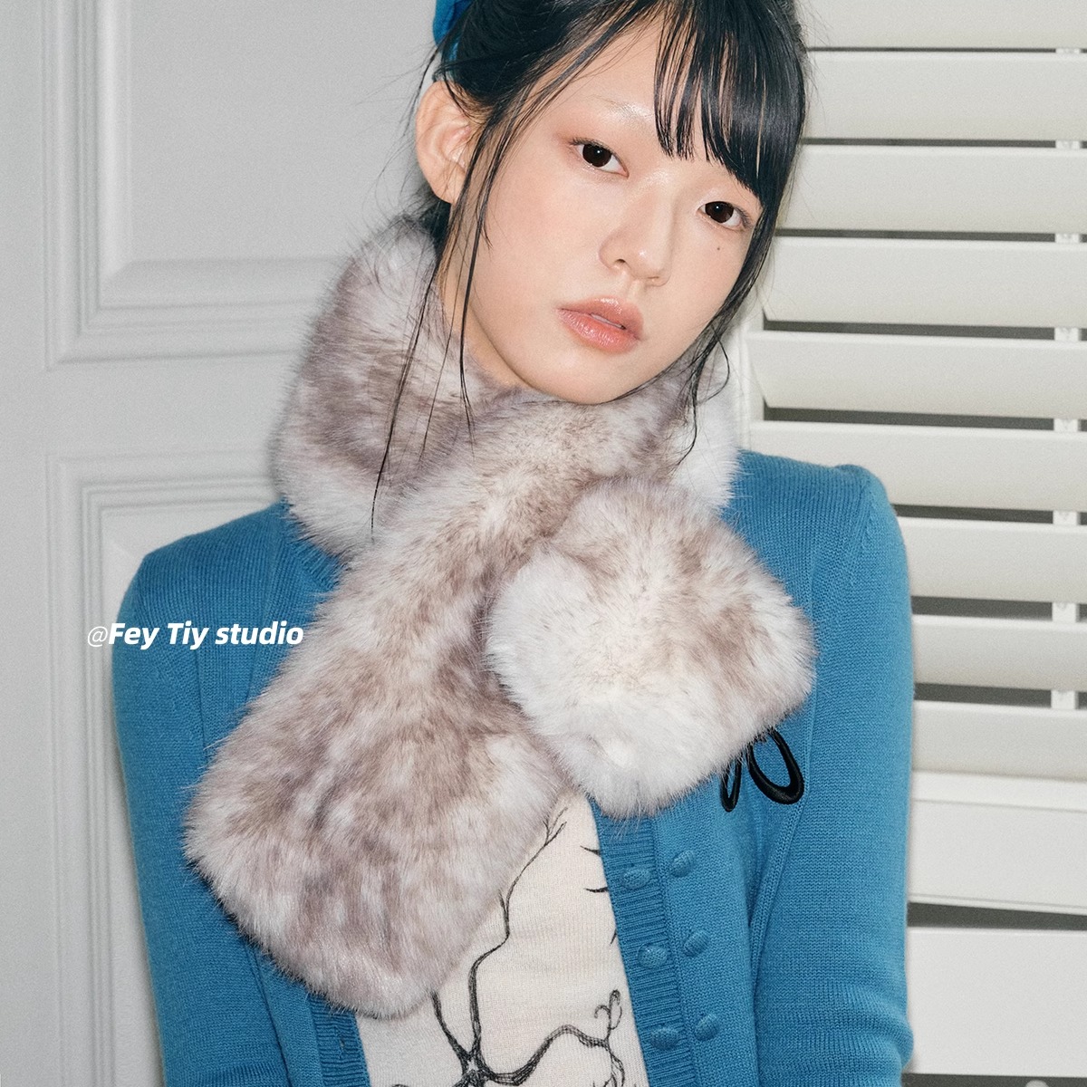 feytiy 时髦复古豹纹毛毛围脖冬季保暖百搭仿皮草仿貂毛小围巾女