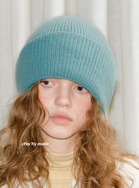 feytiy 100%羊毛 大头围显脸小针织帽冬季保暖百搭蓝色纯羊毛线帽