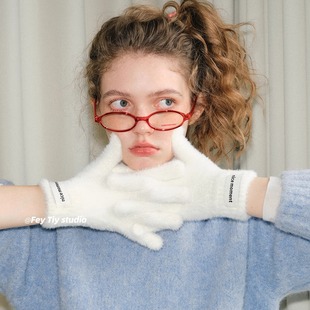 保暖百搭可触屏仿貂绒五指 纯色秋冬季 feytiy 软fufu毛毛手套
