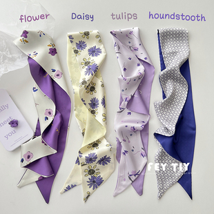 韩版紫色小丝巾春夏秋季长条小领巾多功能绑包包带实用绑发发带女