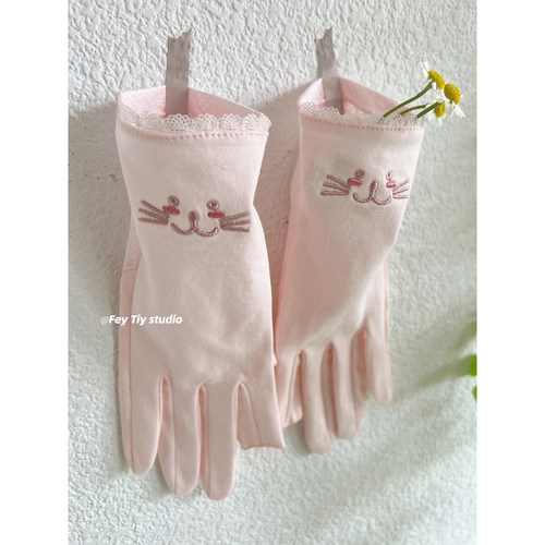 可爱猫咪纯棉刺绣防晒手套可触屏