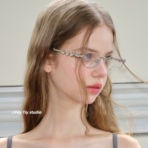 小众个性镶钻银边眼镜装饰平光镜