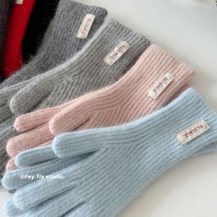 保暖防寒简约可触屏五指 柔软加长分指手套女冬季 feytiy 兔毛混纺