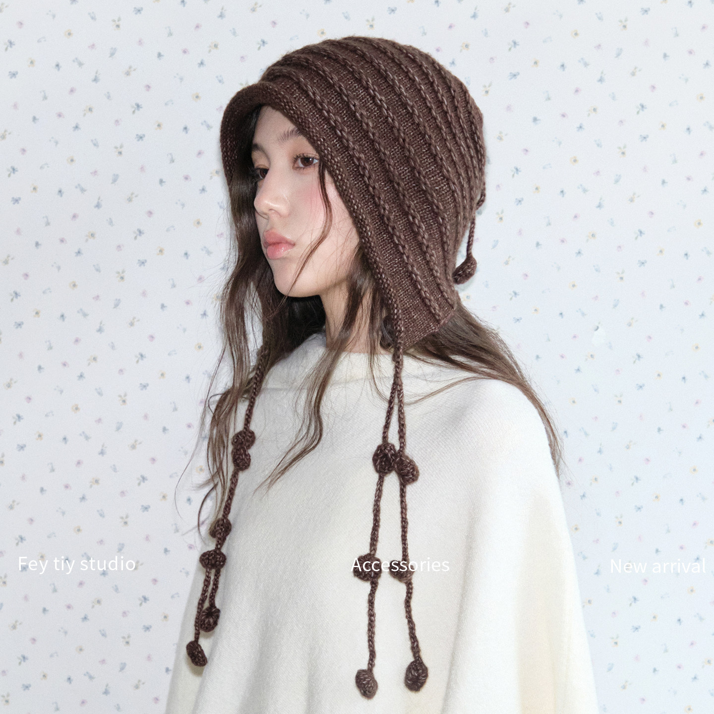 feytiy 日系手工吊坠针织侍女帽 秋冬保暖护耳套头帽文艺冷帽韩版
